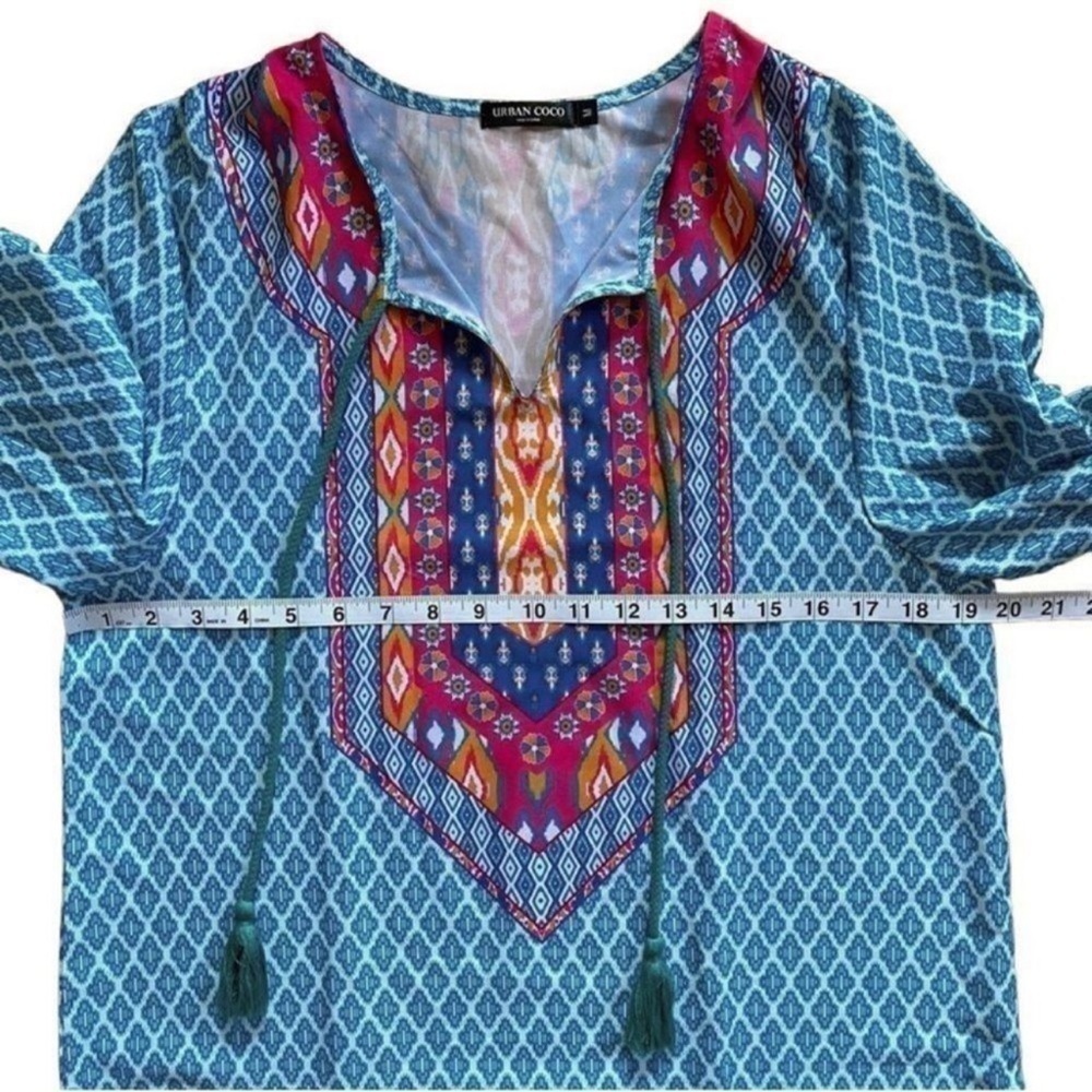 Urban Coco Blue Multicolor Ruche Sleeve Swim Coverup Dress with Tassels Medium - Picture 10 of 14